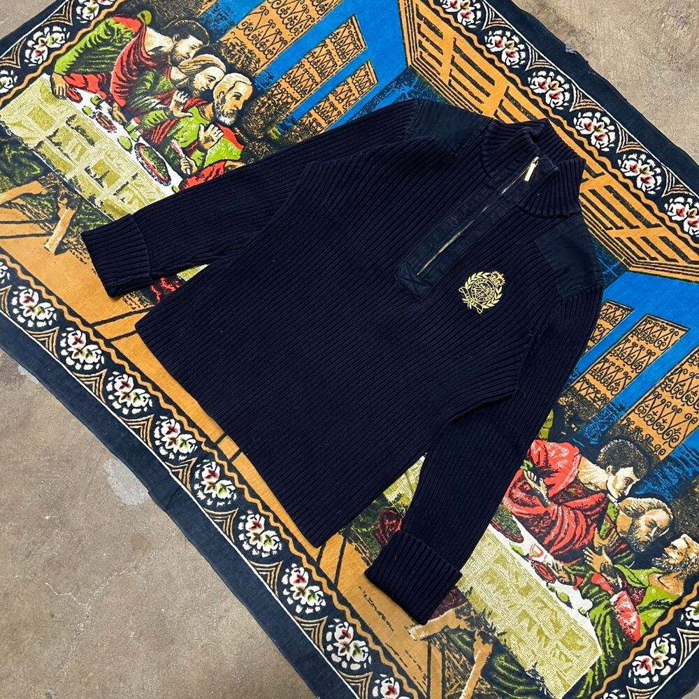 navy lauren polo Ralph Lauren quarter zip womens xl patch chunky knit ribbed y2k - Picture 2 of 7